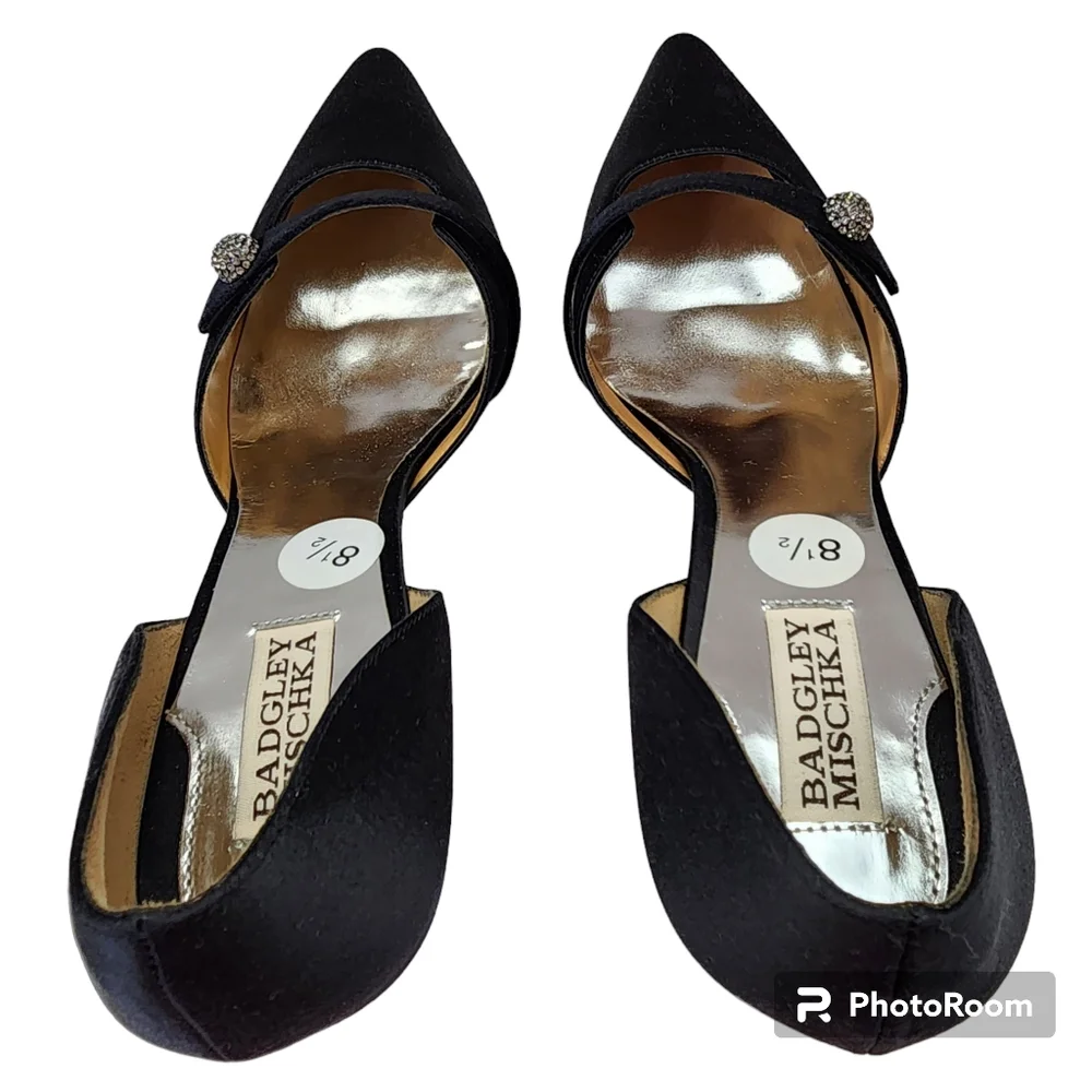 Bagley Mischka Bryon heels dress black fabric crystal decor leather sz 8.5 🎉HP - Picture 5 of 16